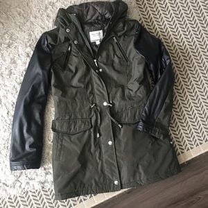 Nautica Army Green & Leather Hooded Coat